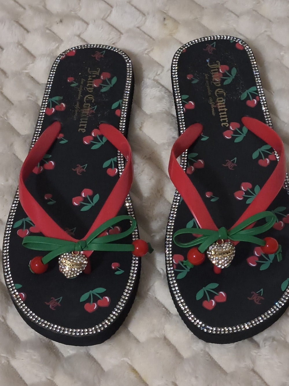 Juicy Couture Black Cherry Embellished Flip Sandals with Red Straps